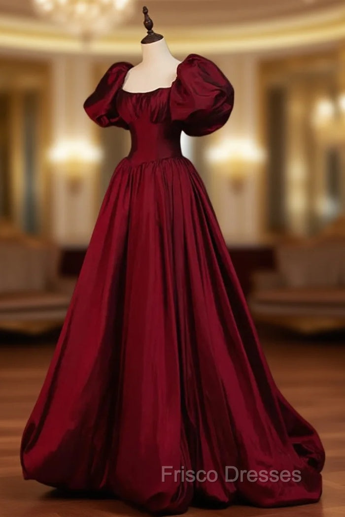 Burgundy Puffy Sleeves Taffeta Long Formal Prom Dress, Floor Length Sweetheart Party Dress