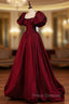 Burgundy Puffy Sleeves Taffeta Long Formal Prom Dress, Floor Length Sweetheart Party Dress