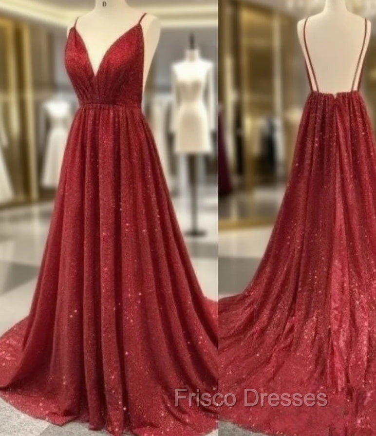 Burgundy Robe De Soiree A-Line V-Neck Sequins Sparkle Crystals Backless Sexy Long Formal Prom Dress Formal Prom Gown Evening Dress Main image