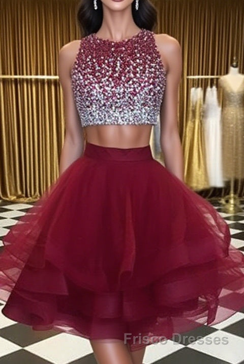 Burgundy Round Neck 2 Pieces Sequins Tulle Short Formal Prom Dresses, 2 Pieces Burgundy Homecoming Dresses, Graudation Dresses Main image