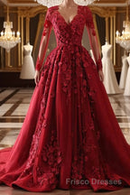Burgundy round neck lace long Formal Prom Dresses burgundy evening Dresses