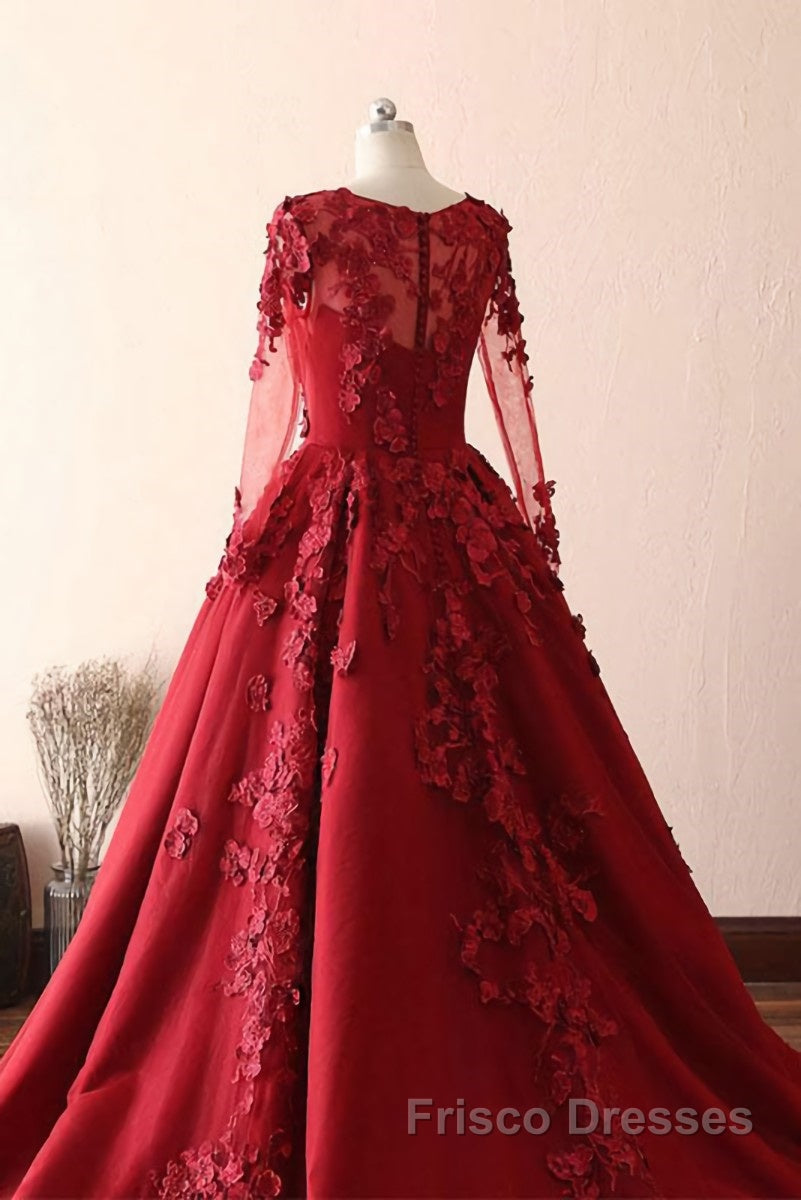 Burgundy round neck lace long Formal Prom Dresses burgundy evening Dresses
