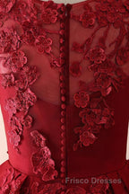 Burgundy round neck lace long Formal Prom Dresses burgundy evening Dresses