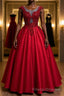 Burgundy round neck lace satin long Formal Prom Dresses burgundy evening Dresses