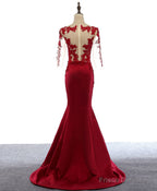Burgundy Round Neck Lace Satin Mermaid Long Prom Dress Lace Formal Dress