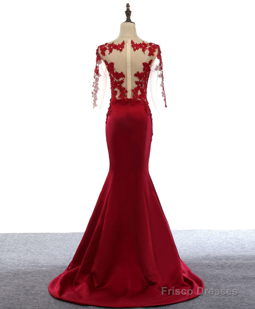 Burgundy Round Neck Lace Satin Mermaid Long Prom Dress Lace Formal Dress
