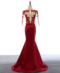 Burgundy Round Neck Lace Satin Mermaid Long Prom Dress Lace Formal Dress