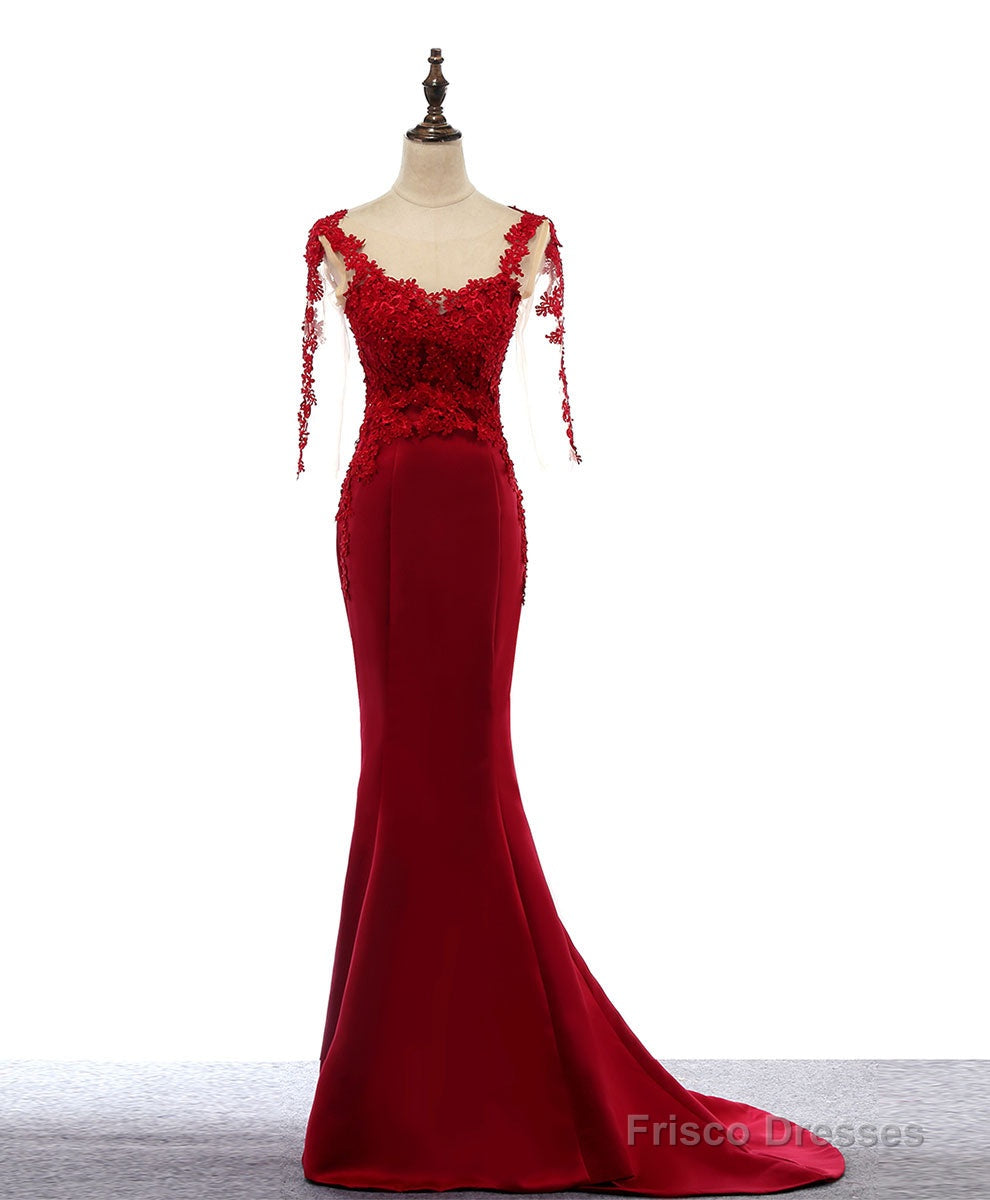 Burgundy Round Neck Lace Satin Mermaid Long Prom Dress Lace Formal Dress Main image