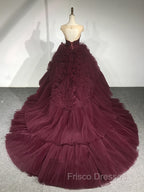 Burgundy Round Neck Tulle Burgundy Long Formal Prom Gown, Burgundy Long Evening Dress
