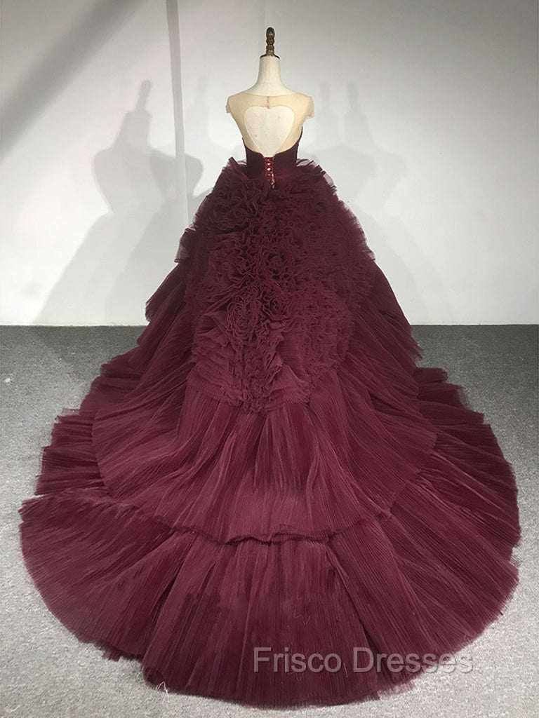 Burgundy Round Neck Tulle Burgundy Long Formal Prom Gown, Burgundy Long Evening Dress
