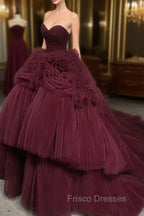 Burgundy Round Neck Tulle Burgundy Long Formal Prom Gown, Burgundy Long Evening Dress