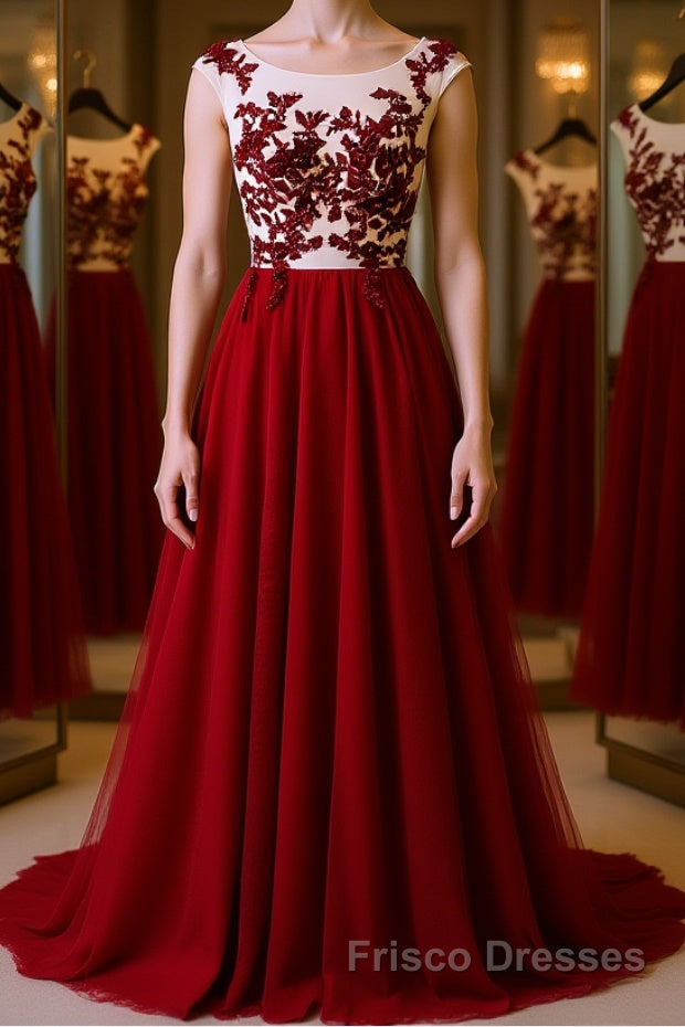 Burgundy round neck tulle lace long Formal Prom Dresses, bridesmaid Dresses Main image