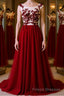 Burgundy round neck tulle lace long Formal Prom Dresses, bridesmaid Dresses