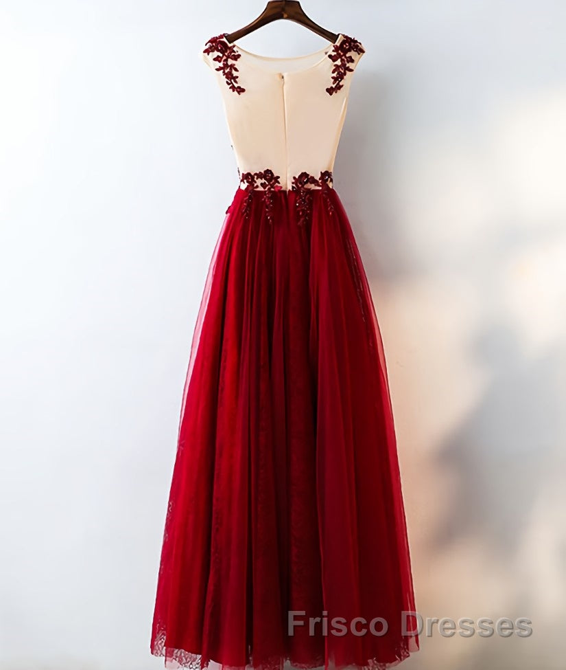 Burgundy round neck tulle lace long Formal Prom Dresses, bridesmaid Dresses Secondary image