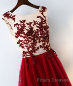Burgundy round neck tulle lace long Formal Prom Dresses, bridesmaid Dresses
