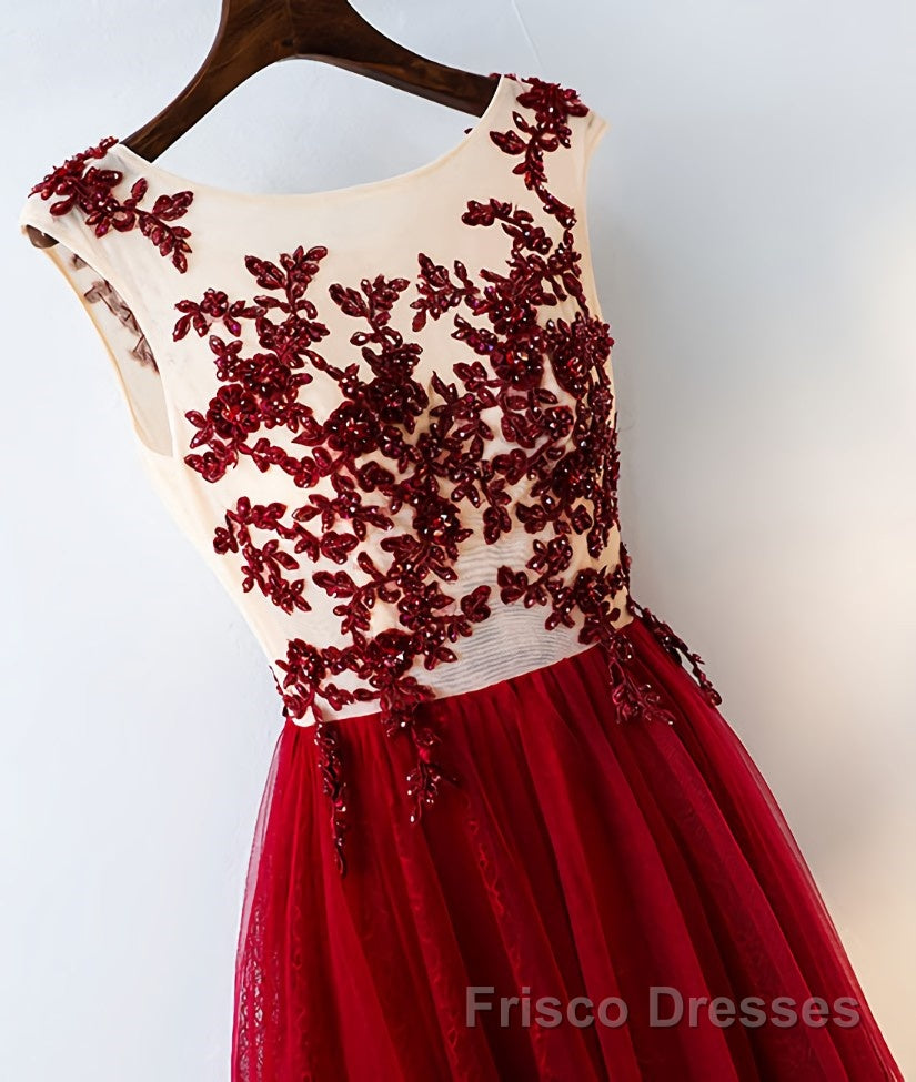 Burgundy round neck tulle lace long Formal Prom Dresses, bridesmaid Dresses