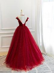 Burgundy Round Neck Tulle Lace Long Formal Prom Dress, Burgundy Evening Dress