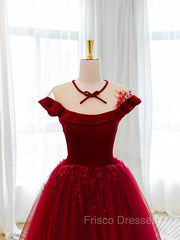 Burgundy Round Neck Tulle Lace Long Formal Prom Dress, Burgundy Evening Dress