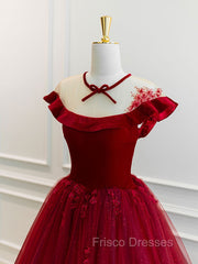 Burgundy Round Neck Tulle Lace Long Formal Prom Dress, Burgundy Evening Dress