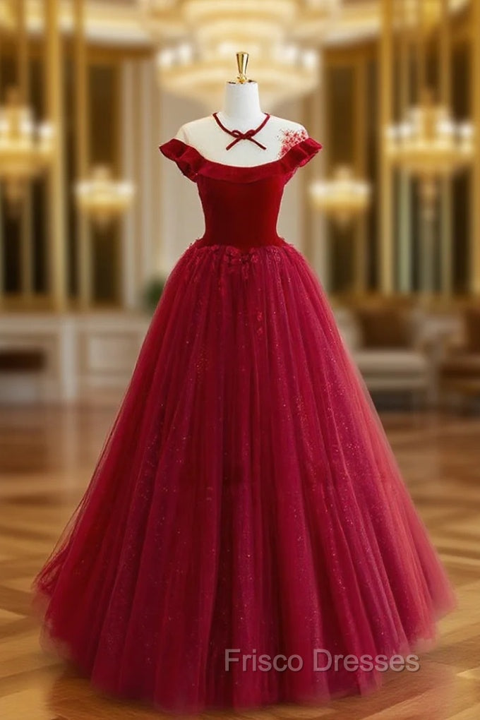 Burgundy Round Neck Tulle Lace Long Formal Prom Dress, Burgundy Evening Dress Main image