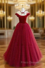 Burgundy Round Neck Tulle Lace Long Formal Prom Dress, Burgundy Evening Dress