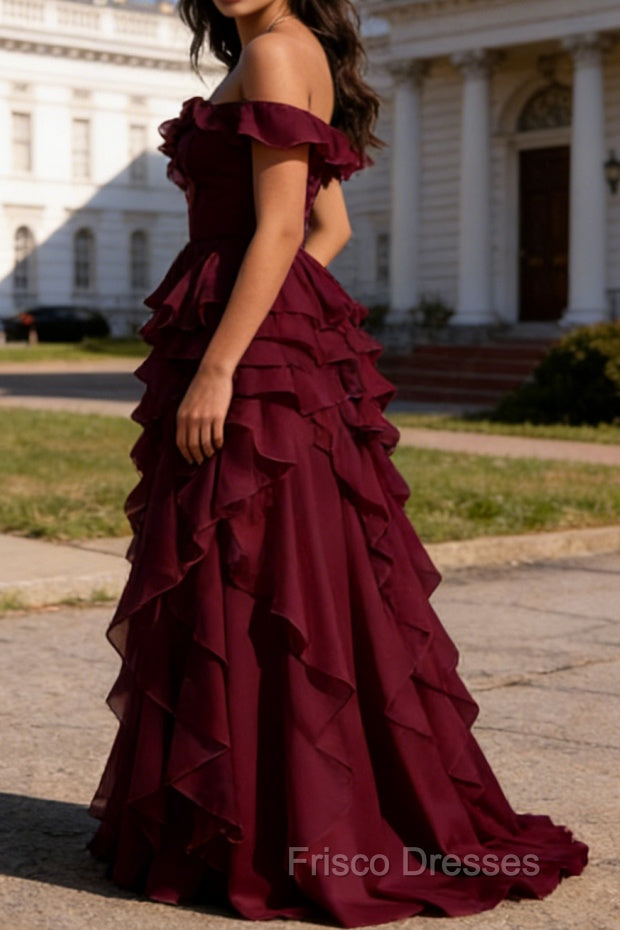 Burgundy Ruffled A-Line Square Neck Long Prom Dress Secondary image