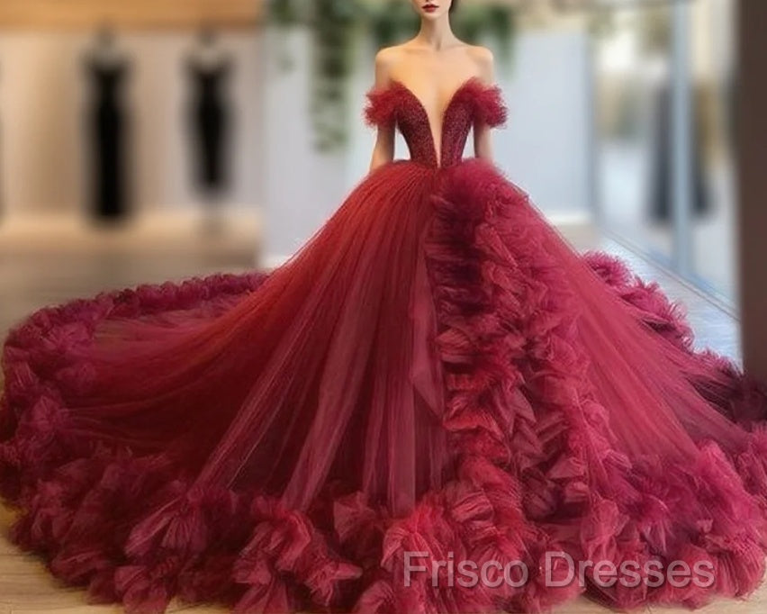 Burgundy Ruffles Wedding Dress Tulle Skirt Ball Gown Sexy Plunge V-Neck Bridal Wedding Formal Prom Gowns