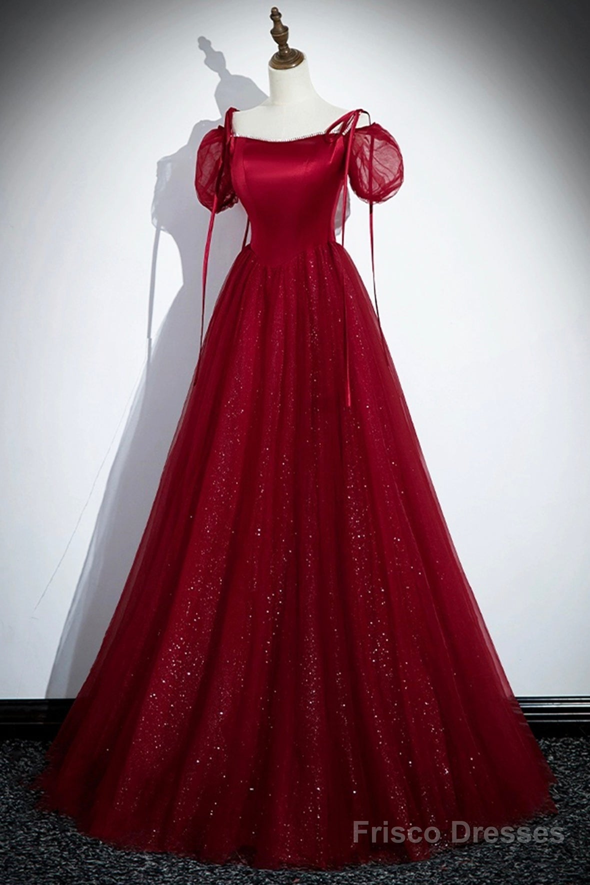 Burgundy Satin And Shiny Tulle Floor Length Prom Dress, A-Line Formal Evening Dress Secondary image