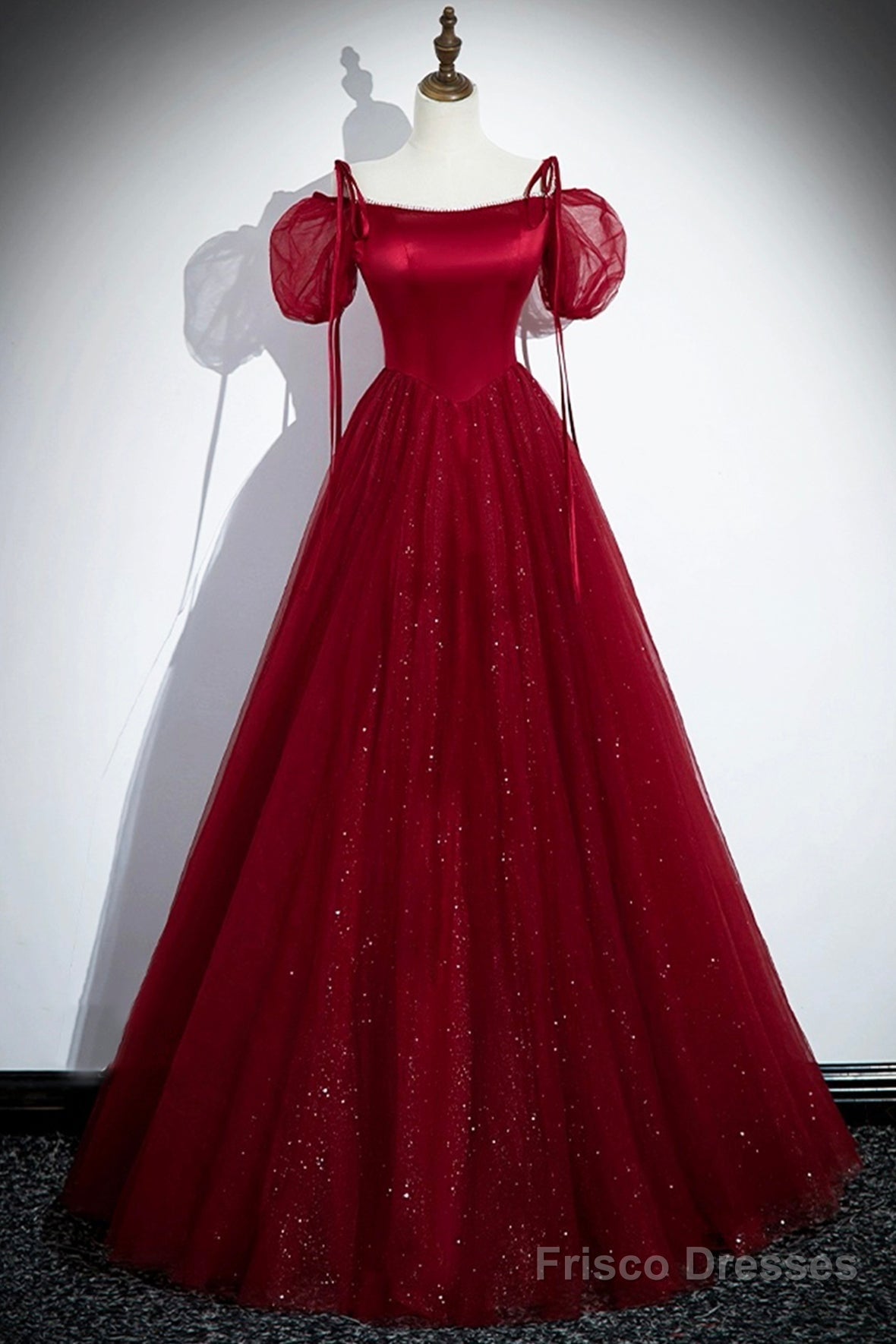 Burgundy Satin And Shiny Tulle Floor Length Prom Dress, A-Line Formal Evening Dress Main image