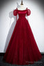 Burgundy Satin And Shiny Tulle Floor Length Prom Dress, A-Line Formal Evening Dress
