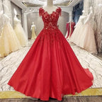 Burgundy Satin Ball Gowns Dresses Lace Embroidery For Wedding Party