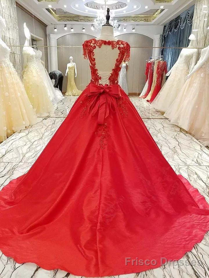 Burgundy Satin Ball Gowns Dresses Lace Embroidery For Wedding Party