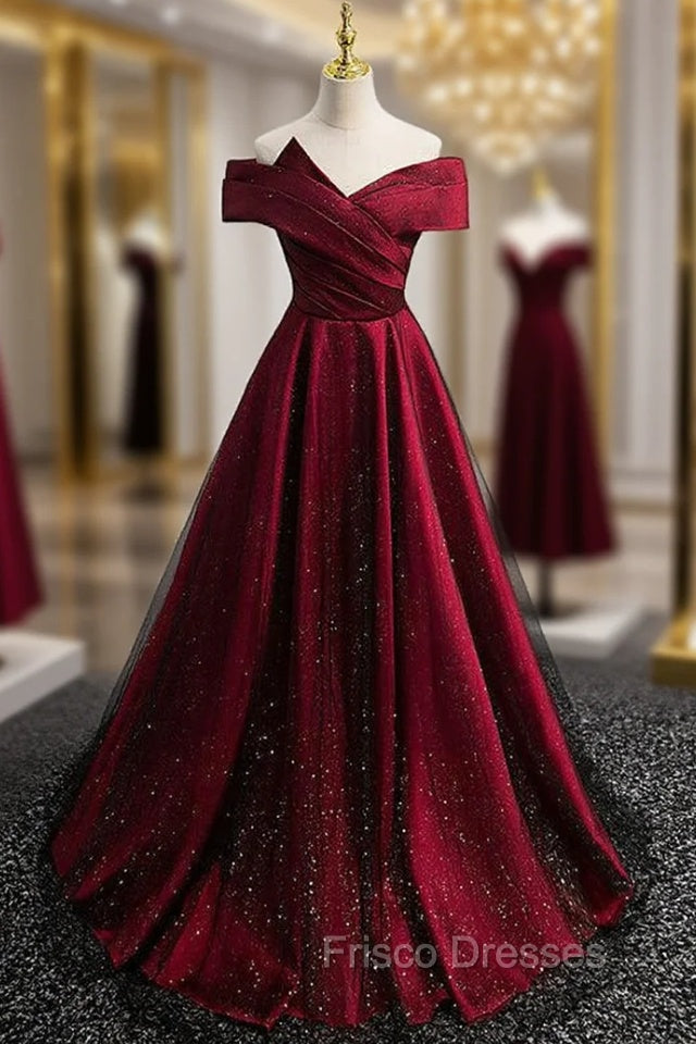 Burgundy Satin Black Tulle Off the Shoulder Pleats Formal Prom Dress Main image