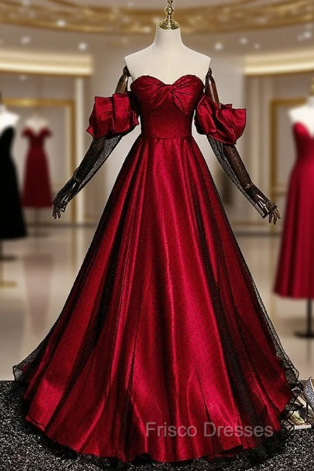 Burgundy Satin Black Tulle Sweetheart Formal Prom Dress Main image