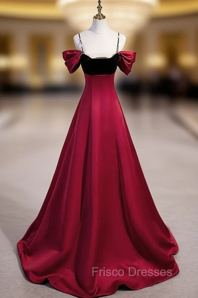 Burgundy Satin Black Velvet Spaghetti Straps Beading Formal Prom Dress