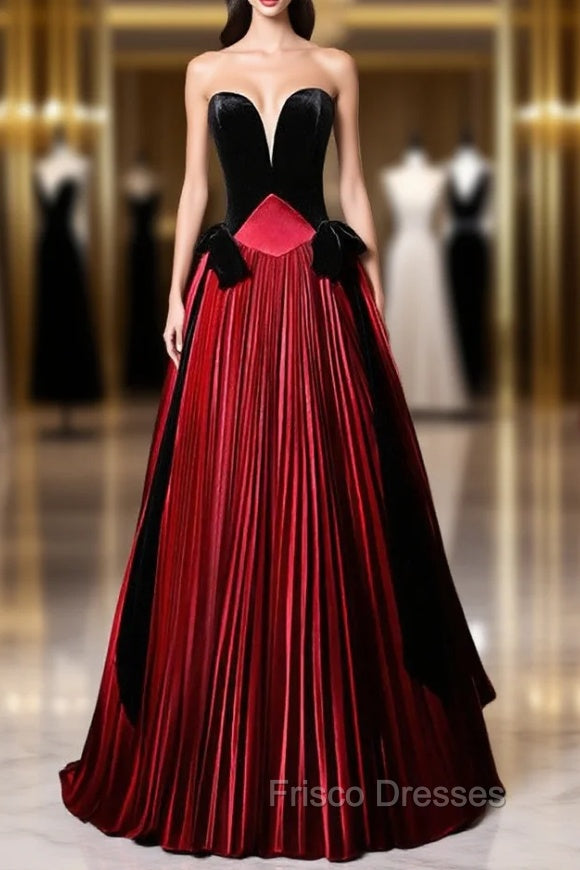 Burgundy Satin Black Velvet Strapless Formal Prom Dress Main image