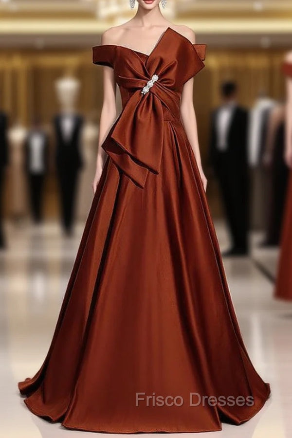 Burgundy Satin Bow Off the Shoulder Formal Prom Dress Main image