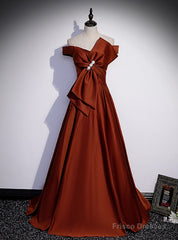Burgundy Satin Bow Off the Shoulder Prom Dress