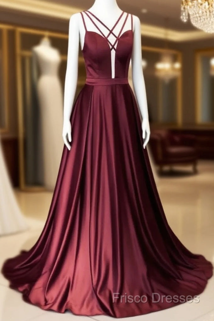Burgundy Satin Cross Straps Long A Line Formal Prom Dress Main image
