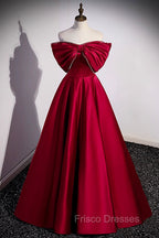 Burgundy Satin Floor Length Formal Prom Dress, A-Line Off the Shoulder Evening Party Dress