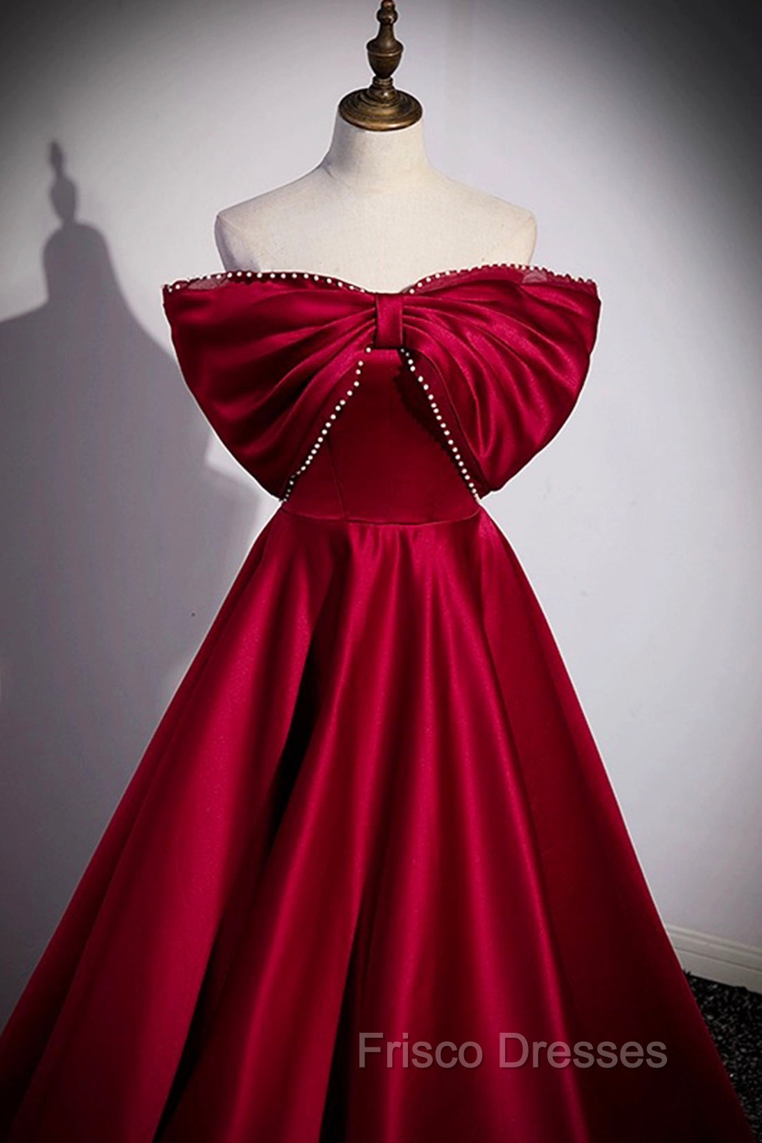 Burgundy Satin Floor Length Formal Prom Dress, A-Line Off the Shoulder Evening Party Dress