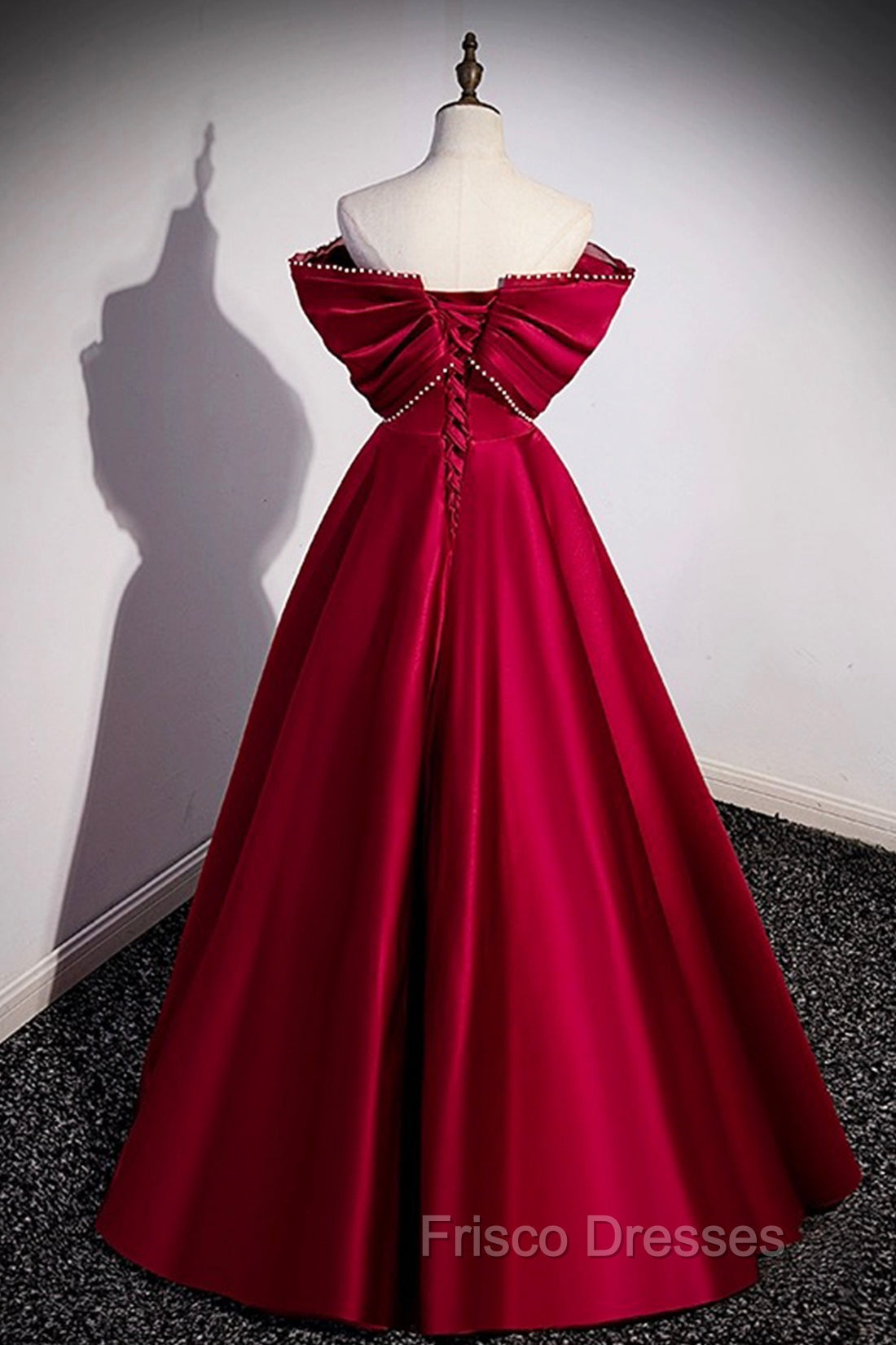 Burgundy Satin Floor Length Formal Prom Dress, A-Line Off the Shoulder Evening Party Dress