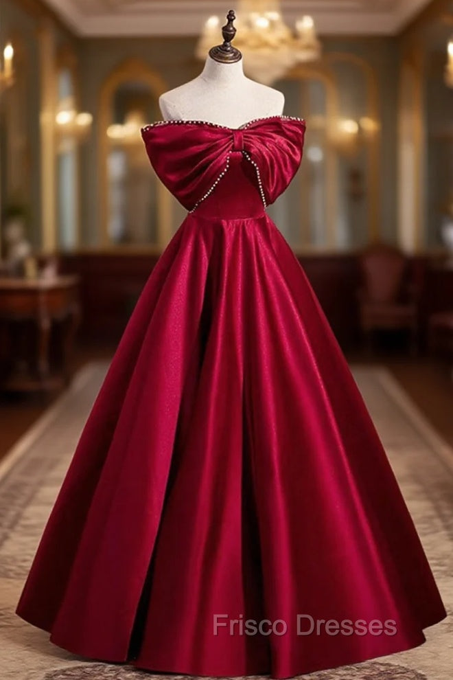 Burgundy Satin Floor Length Formal Prom Dress, A-Line Off the Shoulder Evening Party Dress