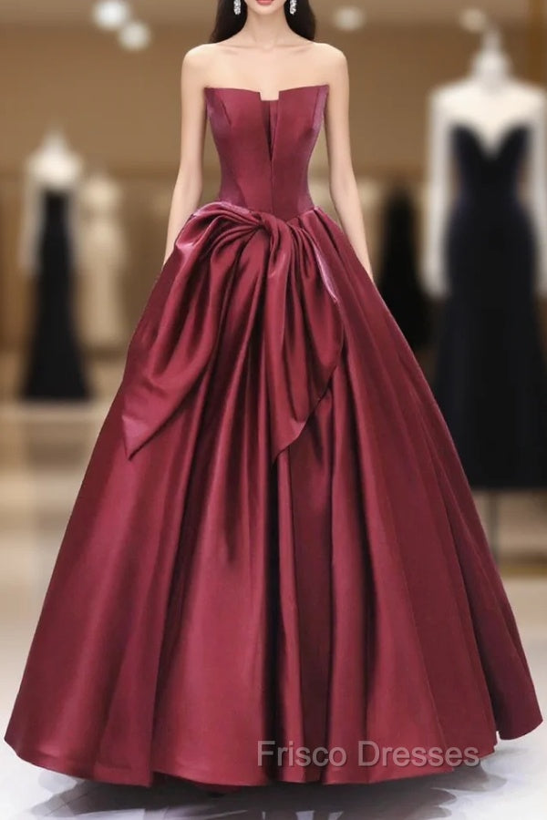 Burgundy Satin Floor Length Formal Prom Dress, Beautiful A-Line Evening Party Dress Main image