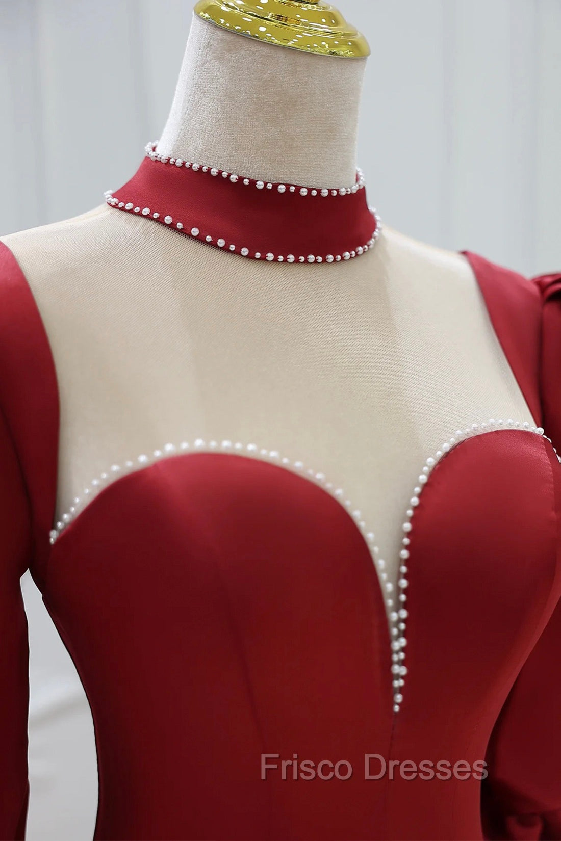 Burgundy Satin High Neck Long Formal Prom Dress, Burgundy A-Line Evening Party Dress Secondary image