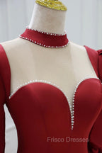 Burgundy Satin High Neck Long Formal Prom Dress, Burgundy A-Line Evening Party Dress