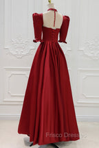 Burgundy Satin High Neck Long Formal Prom Dress, Burgundy A-Line Evening Party Dress