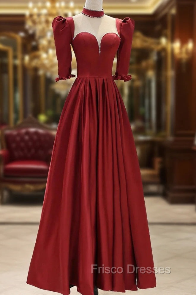 Burgundy Satin High Neck Long Formal Prom Dress, Burgundy A-Line Evening Party Dress Main image