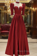 Burgundy Satin High Neck Long Formal Prom Dress, Burgundy A-Line Evening Party Dress