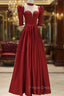 Burgundy Satin High Neck Long Formal Prom Dress, Burgundy A-Line Evening Party Dress